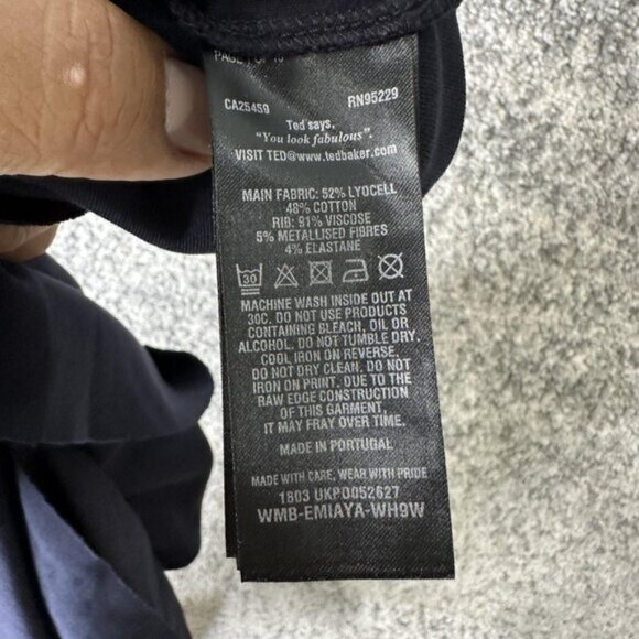 Ted Baker Shirt Womens XS Navy Emilaya Ruffle Flutter Bell Sleeve Metallic Trim - Picture 7 of 7